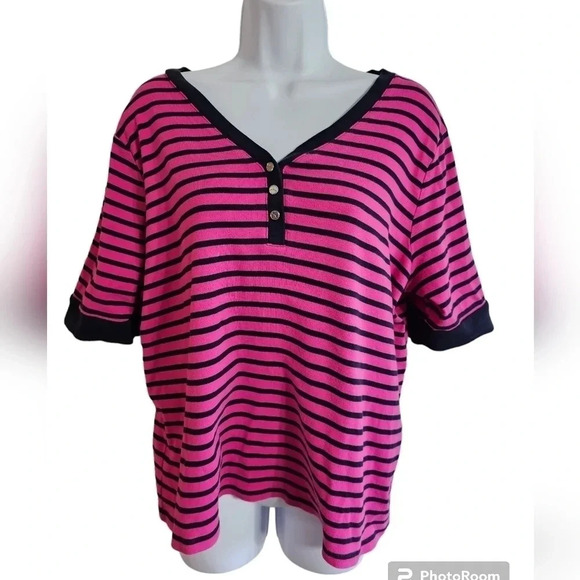 LRL Ralph Lauren 2X Plus Pink Black Striped Cotton Y2K Preppy V-Neck Henley Top - Picture 2 of 8